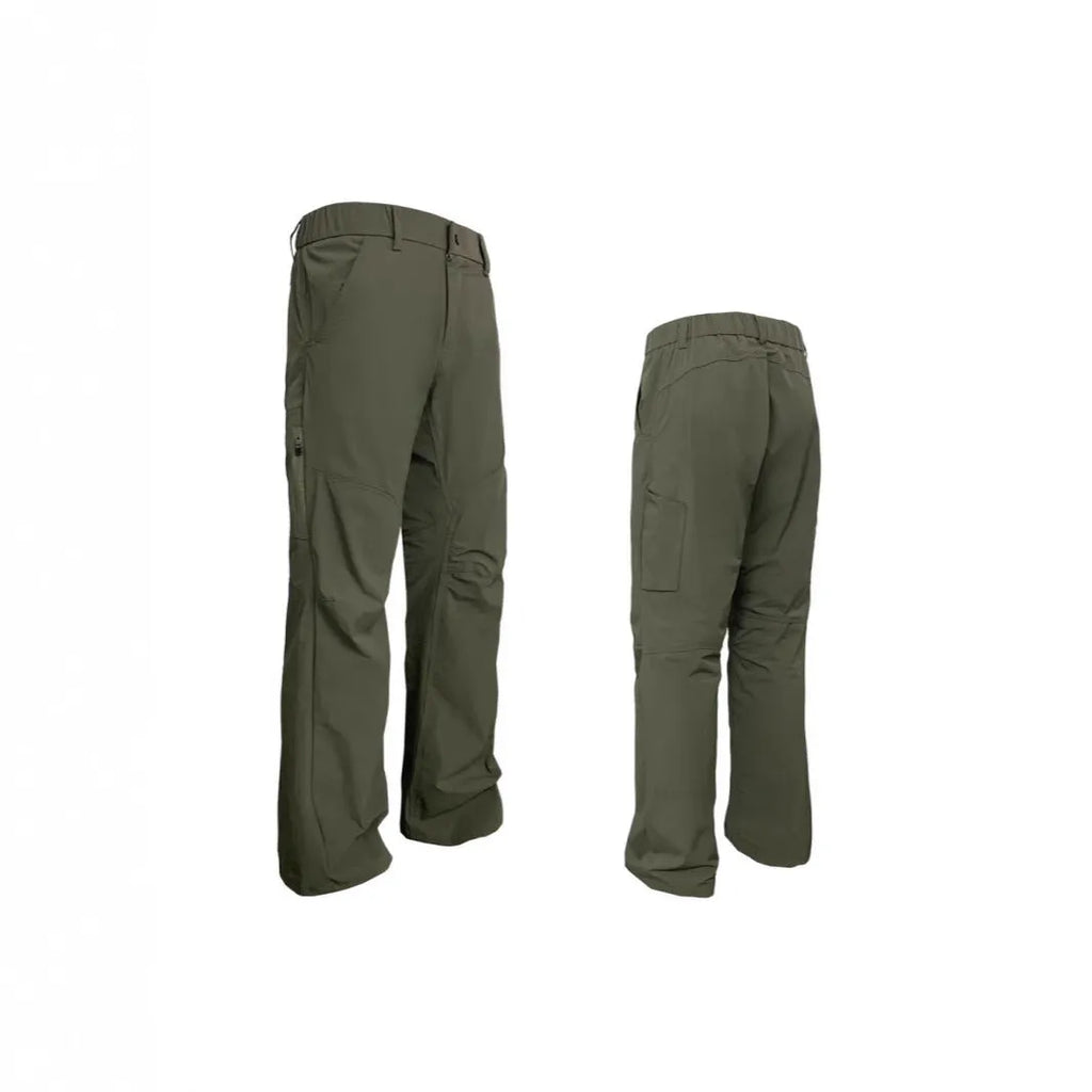Man wearing grey 3D cut deconstructed casual trousers with a straight leg and elasticated waist.