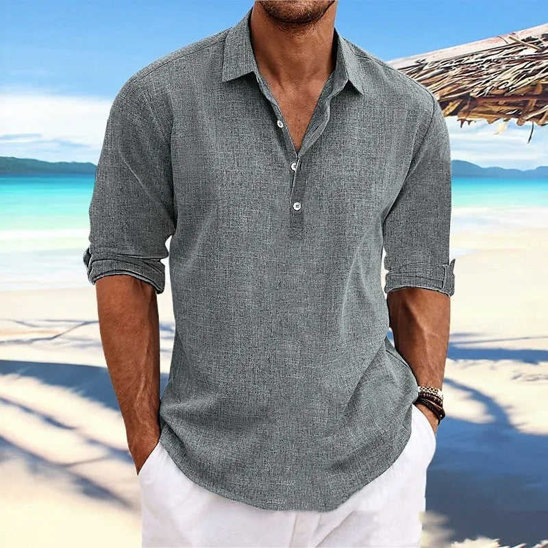 Men's loose-fit solid colour pullover shirt in khaki, front view