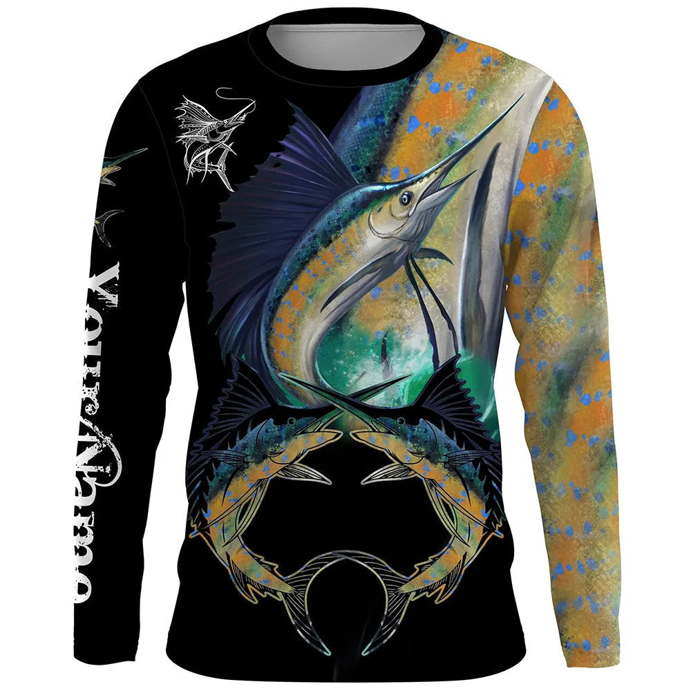 Men's grey pullover top with fish print design on front, round neck and long sleeves