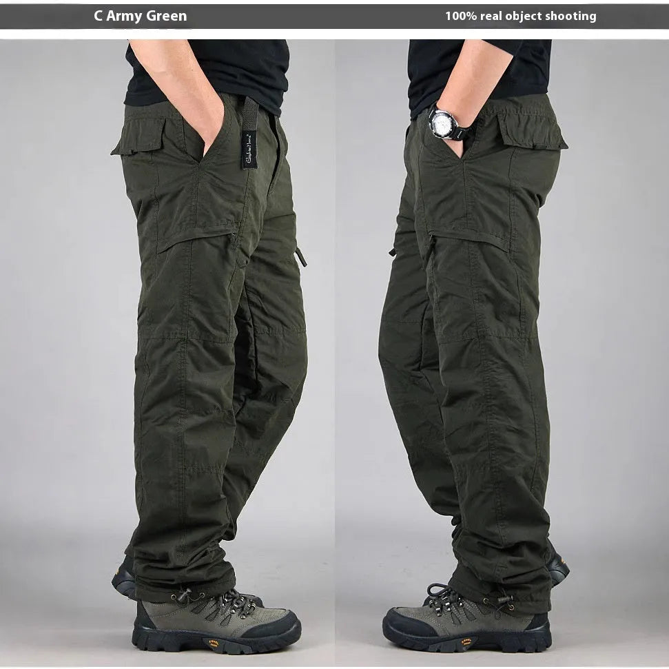 Men's thick khaki cotton overalls with wool lining, showing loose straight-leg fit