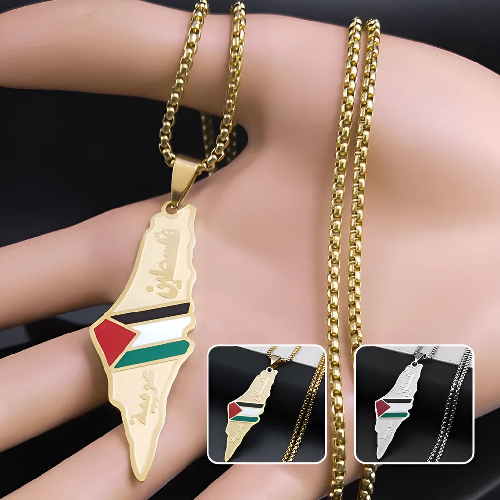 Stainless steel Palestine Israel map pendant necklace gold colour with flag enamel on white background