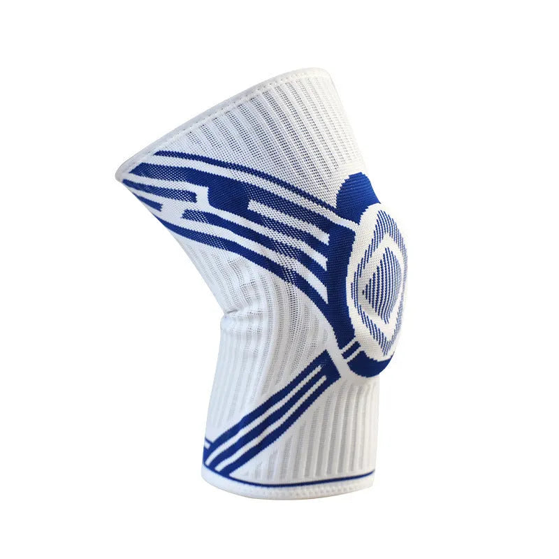 Adult cotton knee pads in blue, grey, and yellow colours, shown for sports like basketball and running.