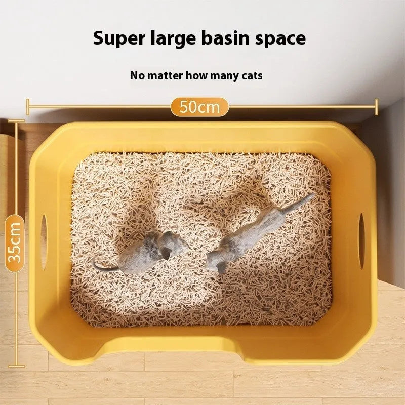 Oversized splash-proof cat litter box in PP, 50cm height, with semi-closed design, available in multiple colours, includes free litter spoon