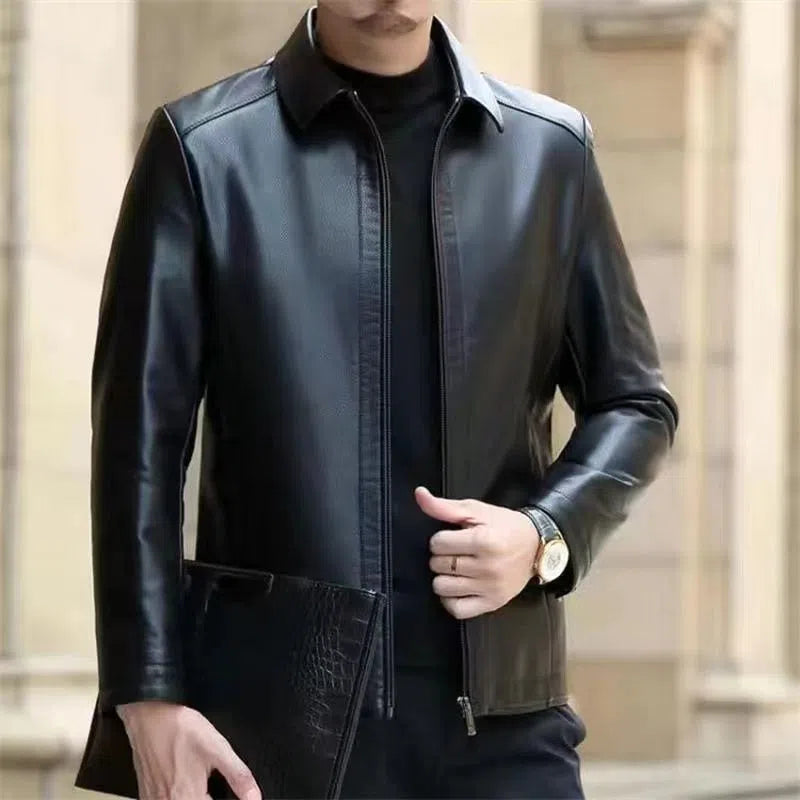 Men's horse leather jacket, loose 100cm lengthened cut, stand or turn-down collar, black or brown, fleece-lined option