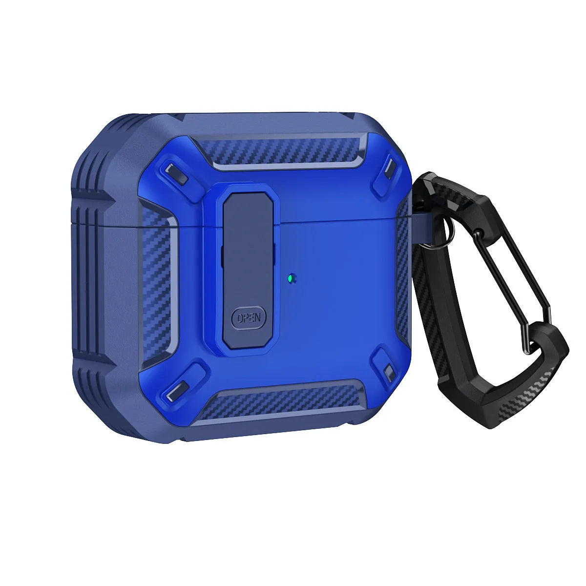 Two-tone plastic clamshell protective case for Apple AirPods with a metal carry hook attached.
