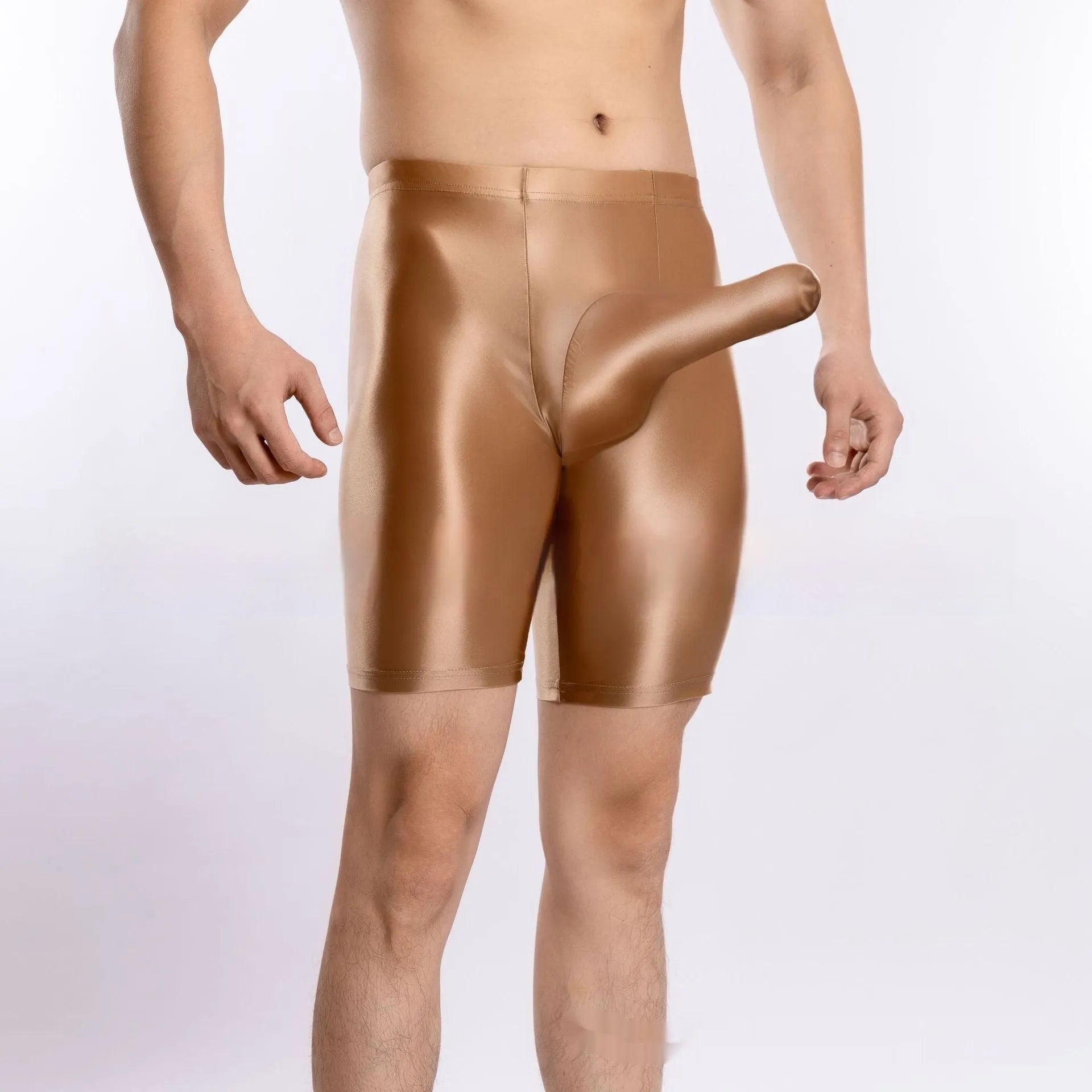 Man's shiny silky nylon sports shorts in plus sizes, shown in multiple colour options.