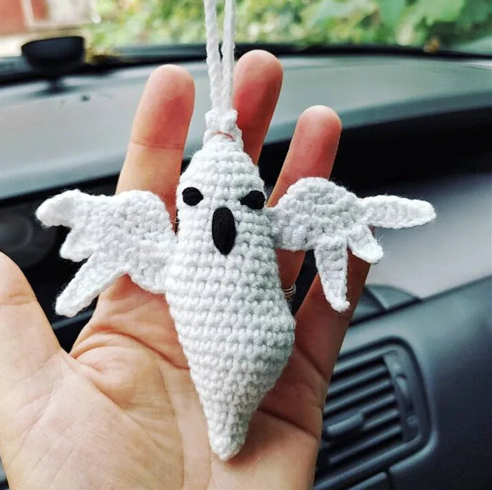 Plush hand-woven car hanging ornament in a cartoon design, made from soft polyester fabric.
