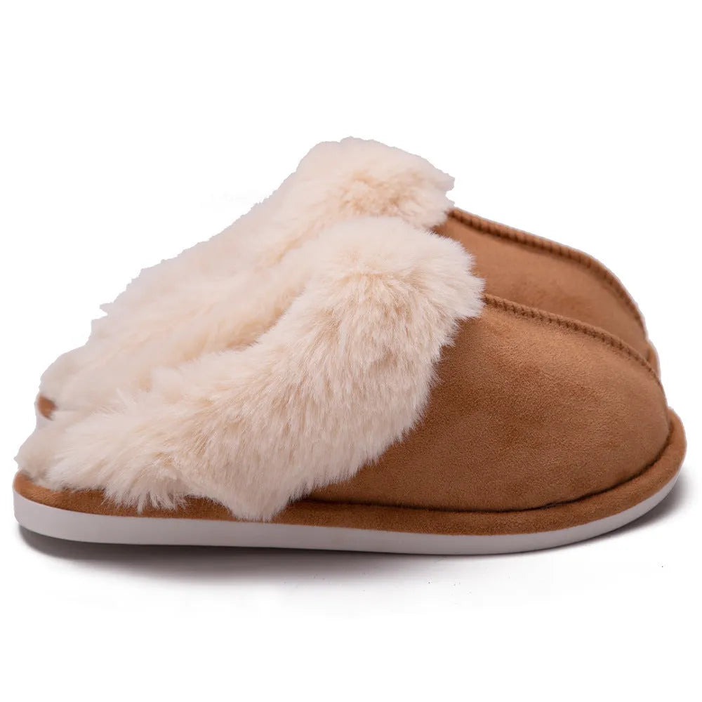 Grey fur furry slippers with plush velvet upper and TPR sole on indoor floor