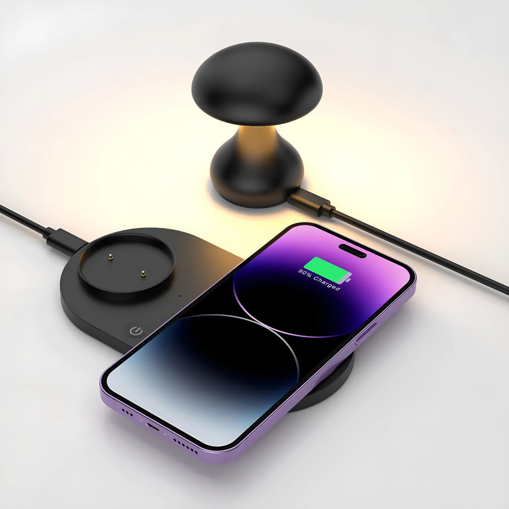 Multifunctional 10W wireless charger mushroom lamp in white ABS composite material on a desk