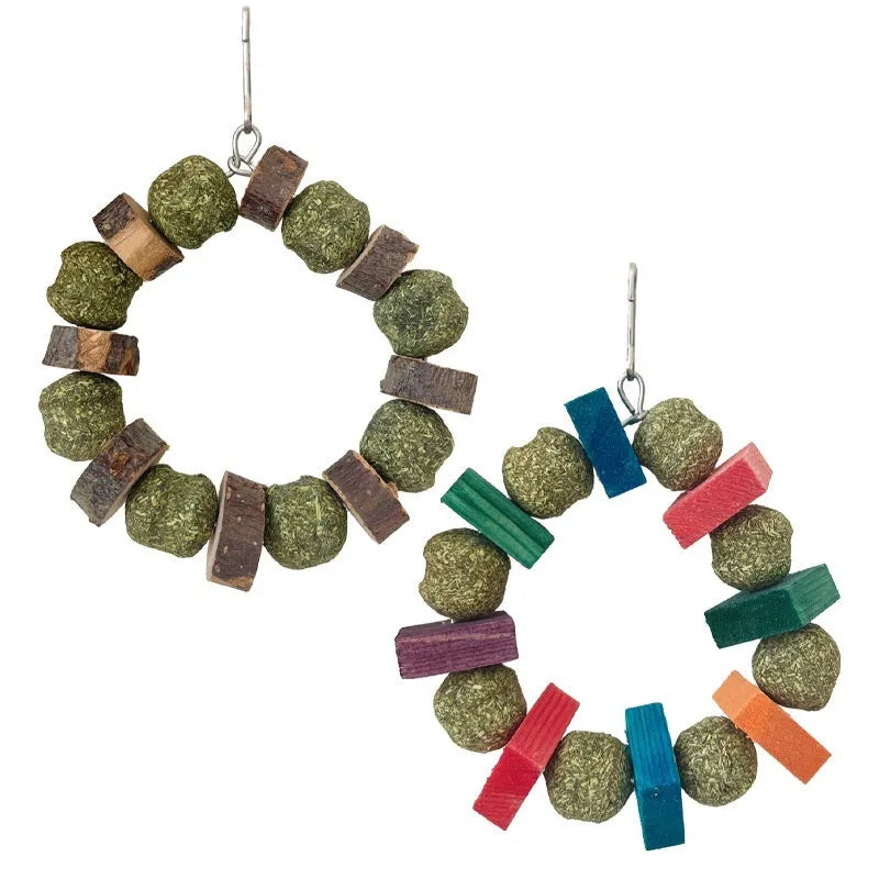 Hamster toy set showing decorative straw ball rings and applewood molar bite rod for small animal enrichment