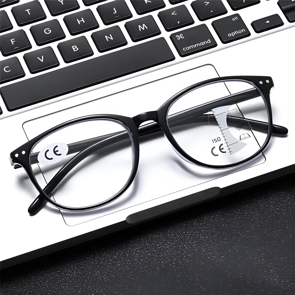 Women's ultra-light presbyopic reading glasses with multi-focus lenses in a black and blue frame.