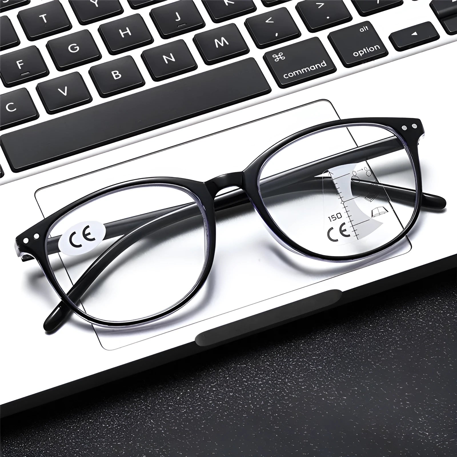 Women's ultra-light presbyopic reading glasses with multi-focus lenses in a black and blue frame.