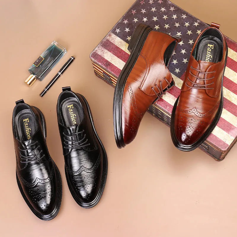 Men's anti-slip dress shoes with leather lining, rubber sole, square heel, round toe and embossed grid pattern, sizes 38-45