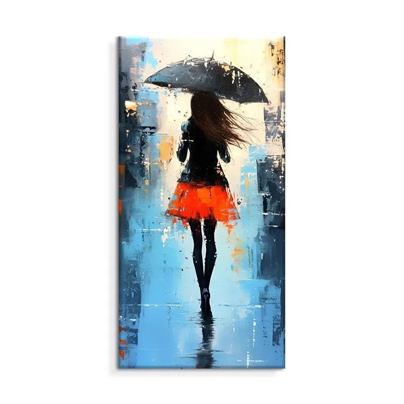 Hand painted modern abstract oil painting of people walking in rain on canvas for living room wall decor