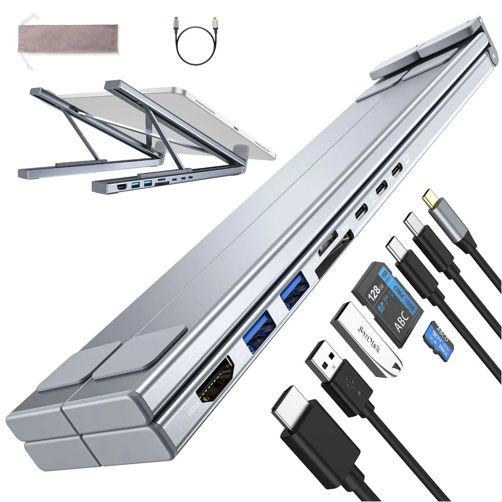 Aluminium folding laptop stand with built-in 8-in-1 USB-C and HDMI docking station ports.