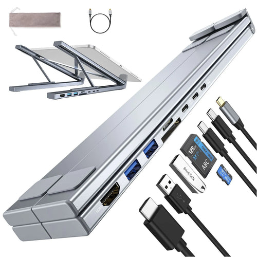 Aluminium folding laptop stand with built-in 8-in-1 USB-C and HDMI docking station ports.