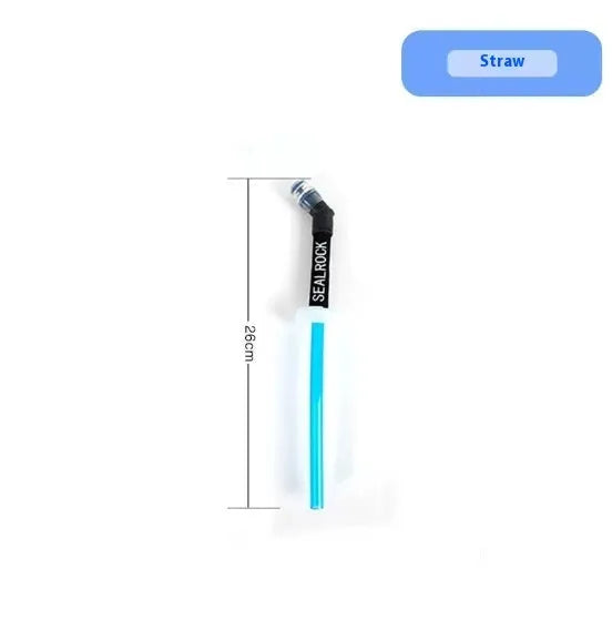 Close-up of a grey flexible plastic hydration straw with a textured grip and a blue silicone cap for mountain biking