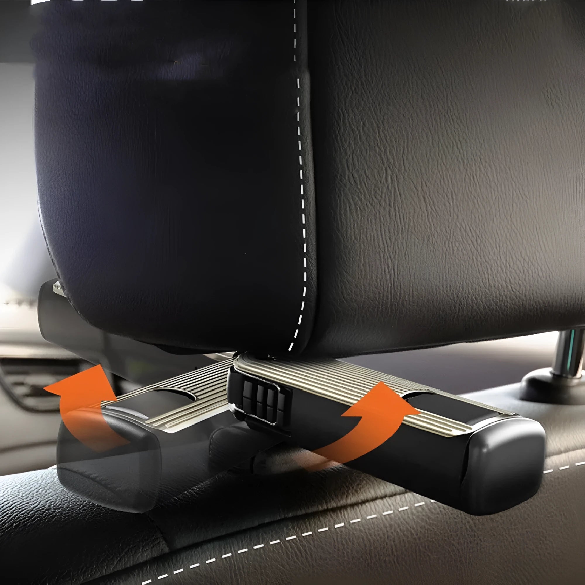 Car seat back rotating hook bracket for GM rear headrest vertical screen mount in black colour on headrest