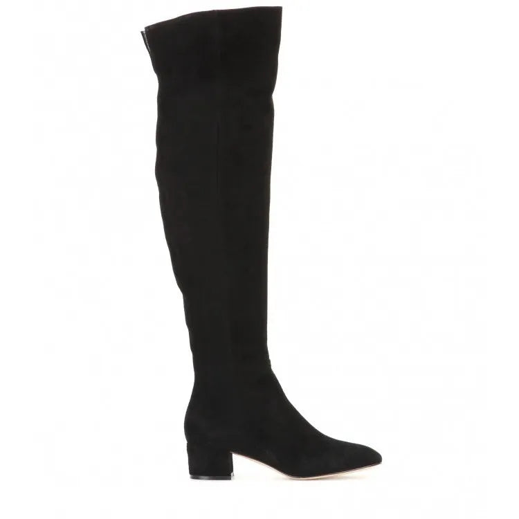Grey suede women's over-the-knee flat boots with pointed toe and thick rubber sole