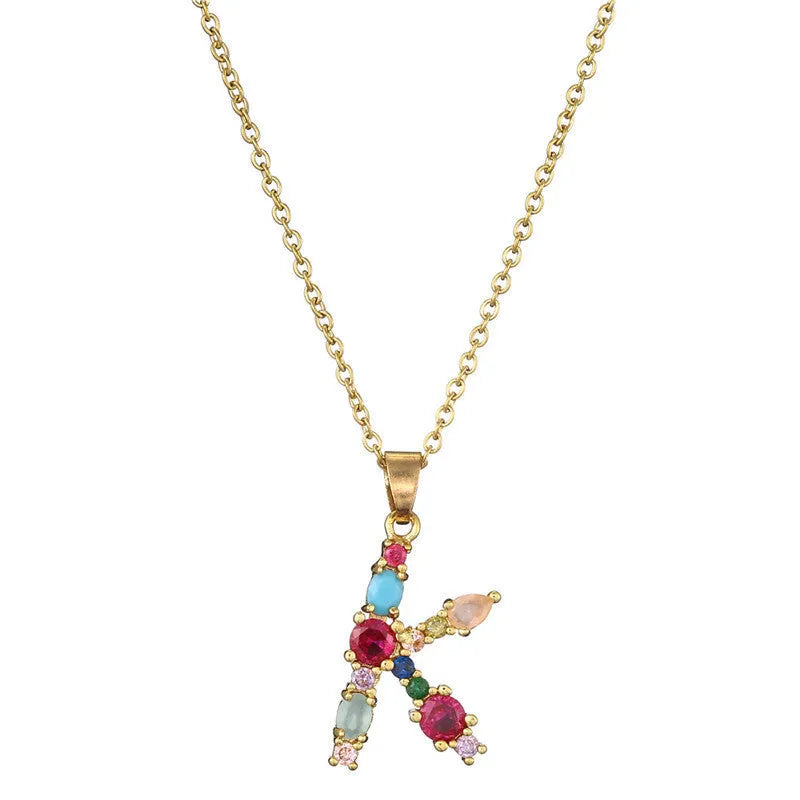Copper micro-set zirconium English letter initial pendant with matching chain, light luxury style