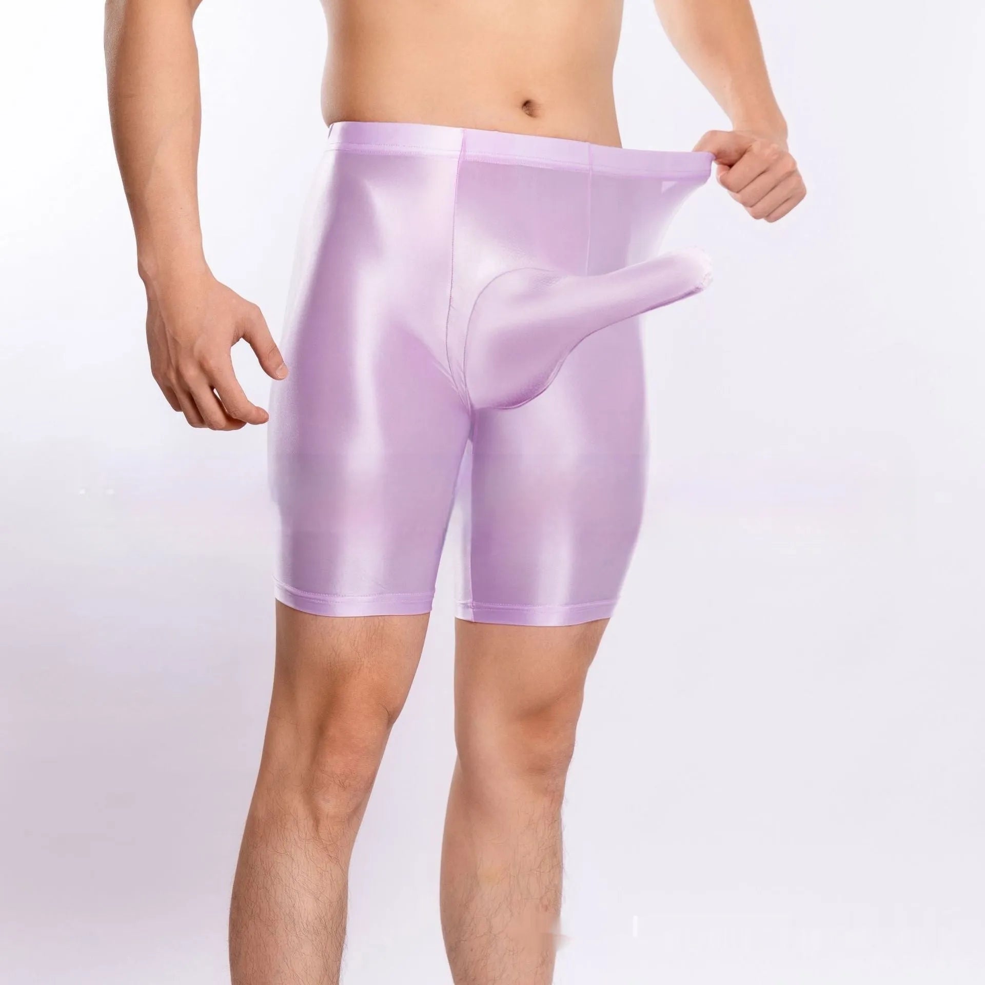 Man's shiny silky nylon sports shorts in plus sizes, shown in multiple colour options.