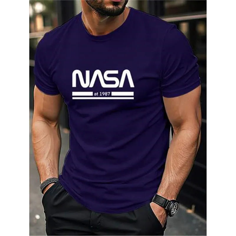 Men's printed slim-fit letters short sleeve cotton T-shirt shown in multiple colour options.