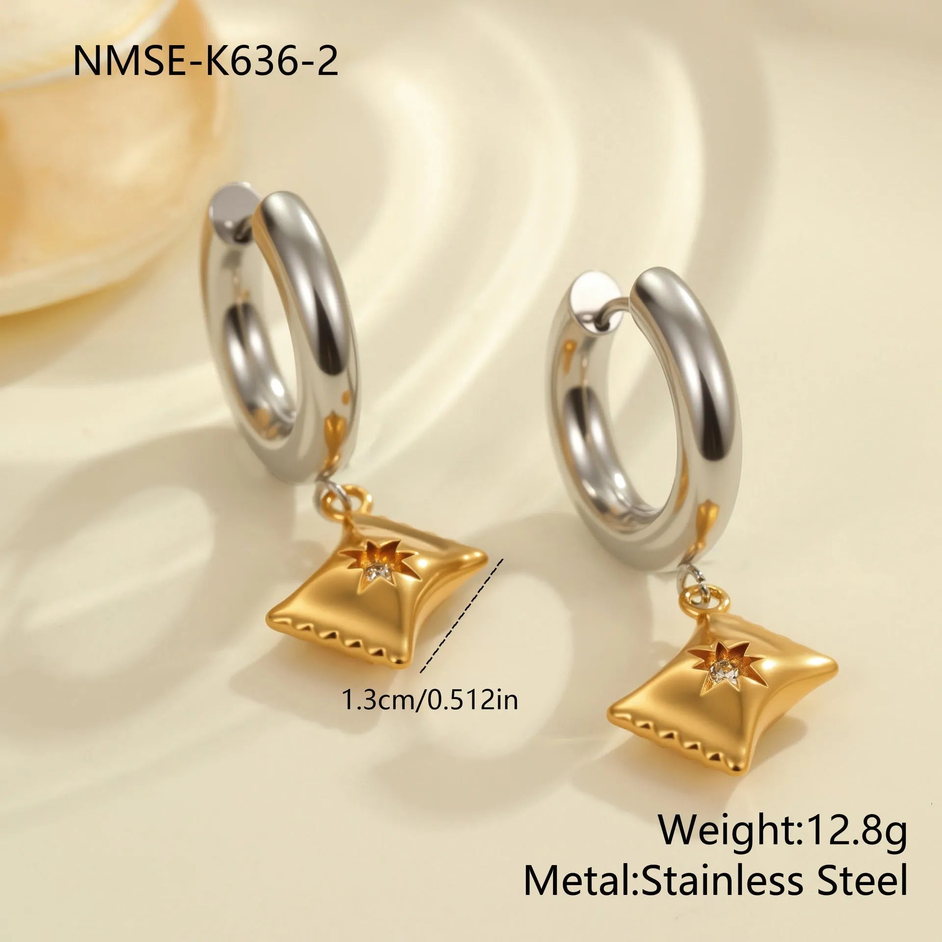 Stainless steel geometric earrings with 18K electroplated finish showing heart and star shapes
