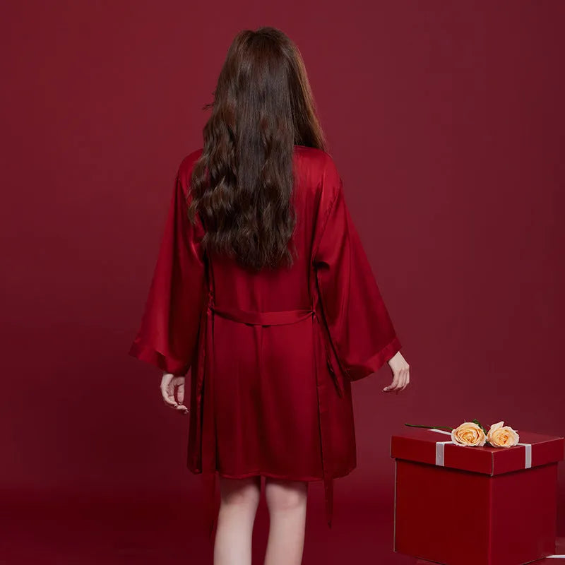 Red ice silk wedding dowry pyjama set for men and women showing long sleeves and trouser design