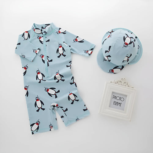 Boy's long sleeve swimsuit with penguin design swimming cap for sun protection