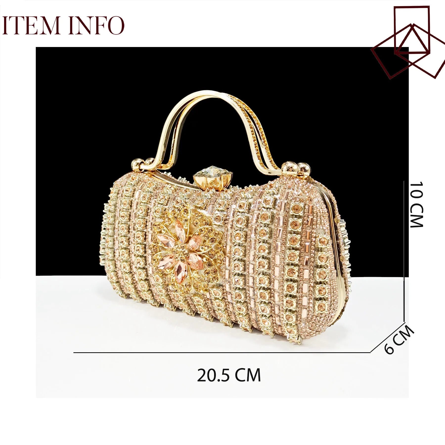 Women's black high heel shoe with floral rhinestone detail and matching hard clutch bag.