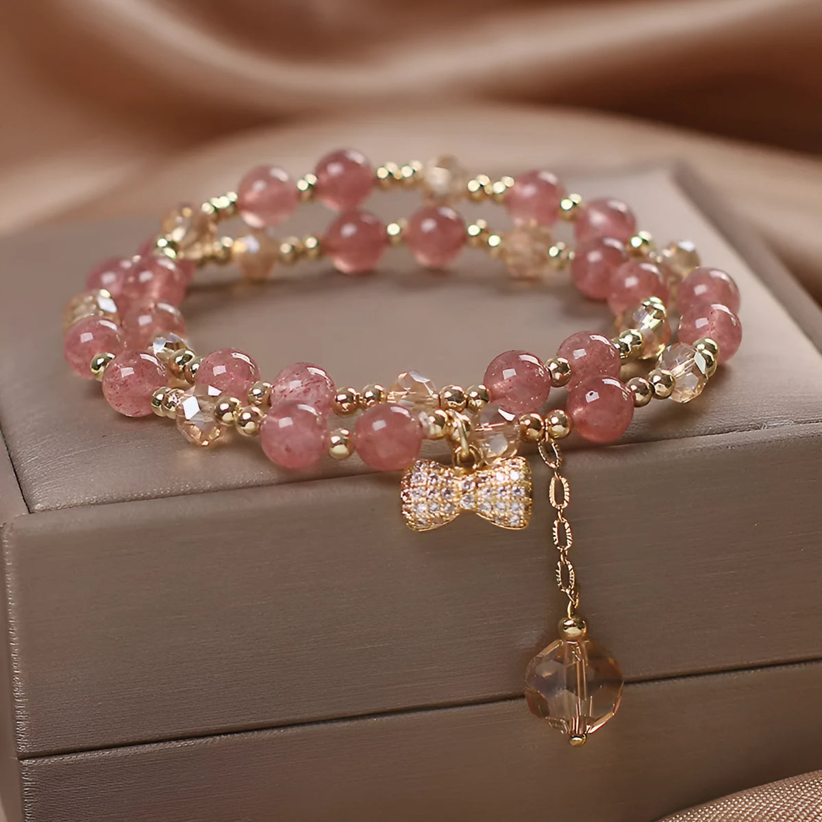 Fairy style natural strawberry quartz bracelet women's double layer gold U-shaped crystal jewellery