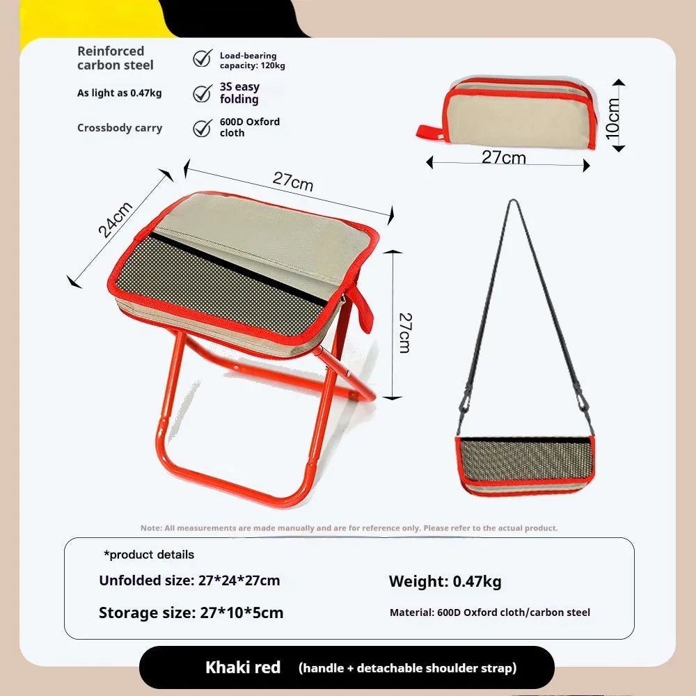 A folded Oxford cloth camping stool in khaki with its attached crossbody carry bag, shown next to an unfolded version.