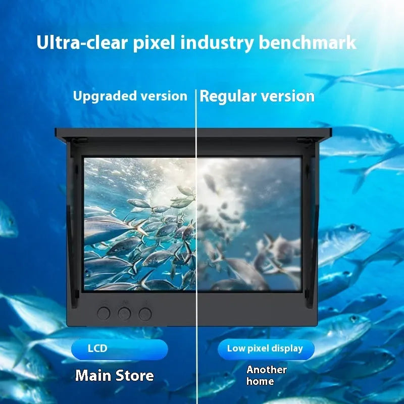HD underwater fishing camera with screen, temperature sensor, and night vision lights on a cable.