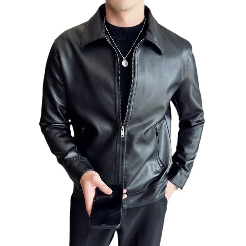 Men's black loose-fit PU leather casual jacket with zipper pockets.