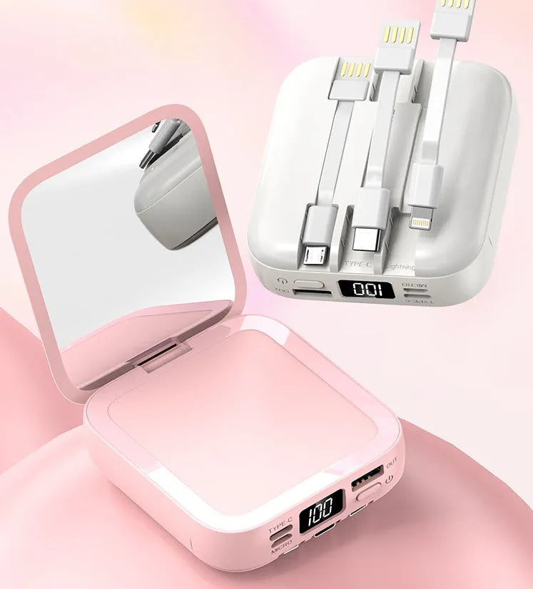 Comes With Line Beauty Mirror Power Bank in cool black plastic shell with integrated mirror