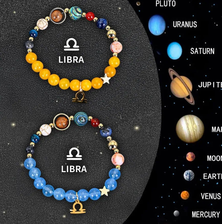 Twelve zodiac sign natural stone beaded bracelets showing different astrology designs
