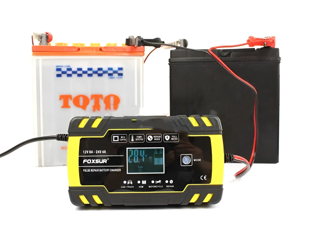 12V and 24V battery charger for motorcycles and cars with a digital screen display.