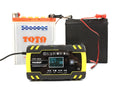 12V and 24V battery charger for motorcycles and cars with a digital screen display.
