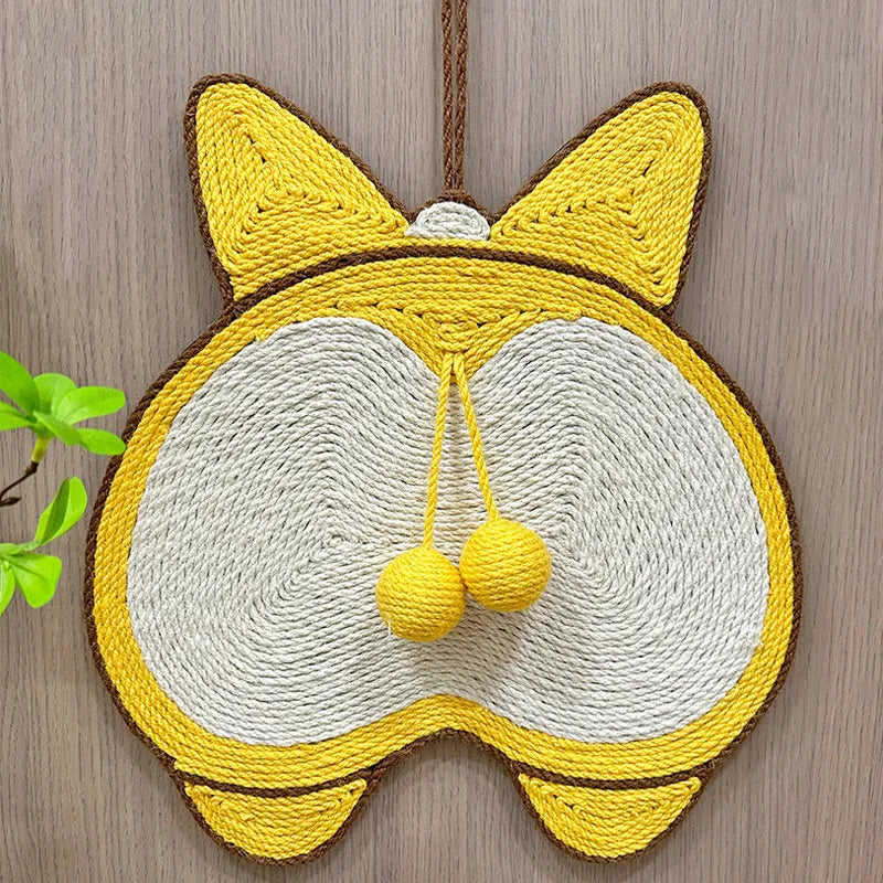 Yellow Corgi design sisal cat scratching board with anti-slip base, shown with adhesive hooks