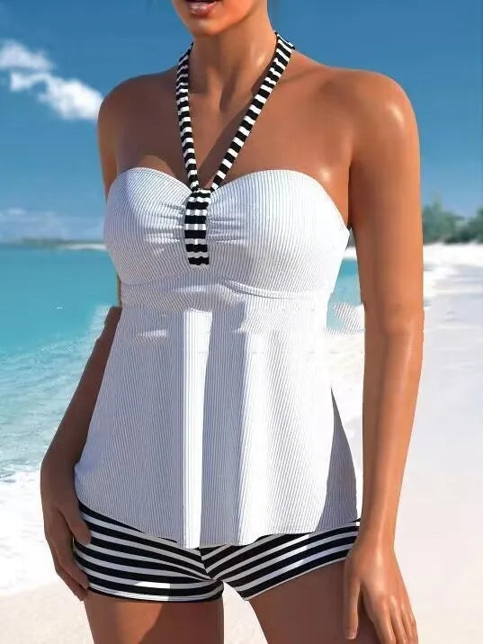 Black and white striped off-shoulder swimsuit for women, one-piece design