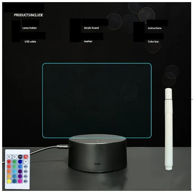 3D acrylic message board night light with handwritten text and coloured LED illumination