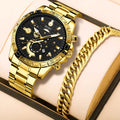 Gold-coloured men's business watch with a stainless steel band and a single folding buckle on a wrist