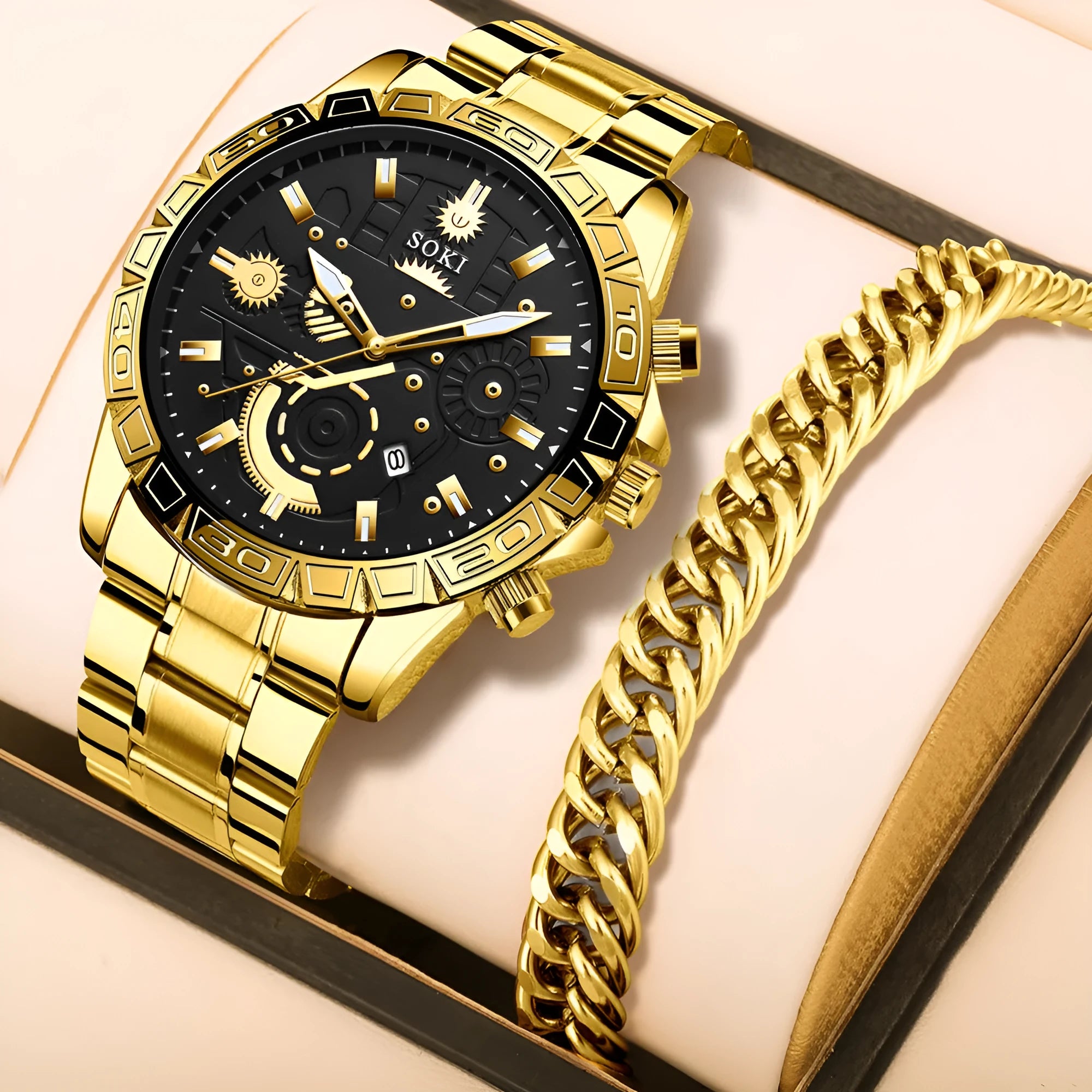Gold-coloured men's business watch with a stainless steel band and a single folding buckle on a wrist