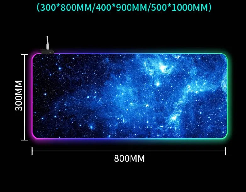 RGB luminous mouse pad with starry sky pattern, natural rubber non-slip base, USB cable, 4 mm thick