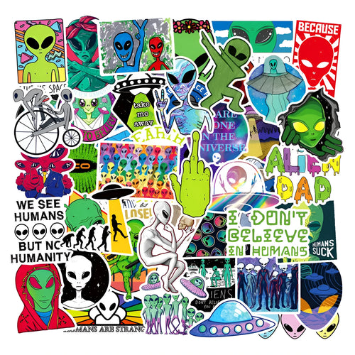 50 alien UFO stickers on a sheet, each 6x10cm, TYF aliens50 colourway