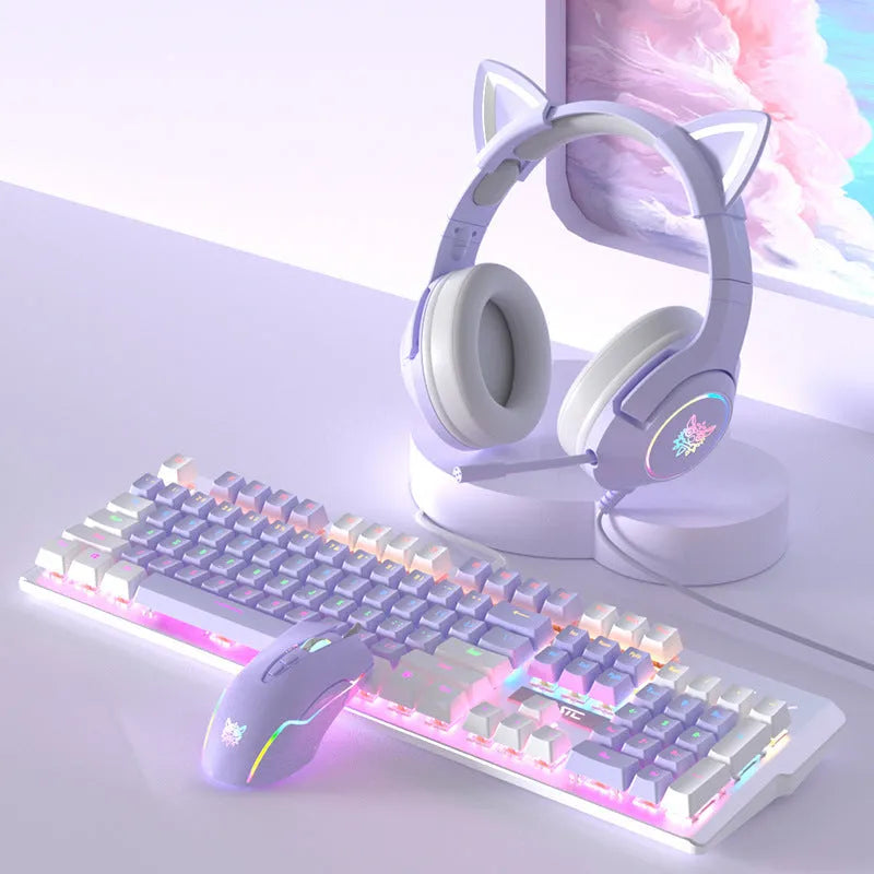 Purple and white mechanical keyboard and mouse set with backlit keys