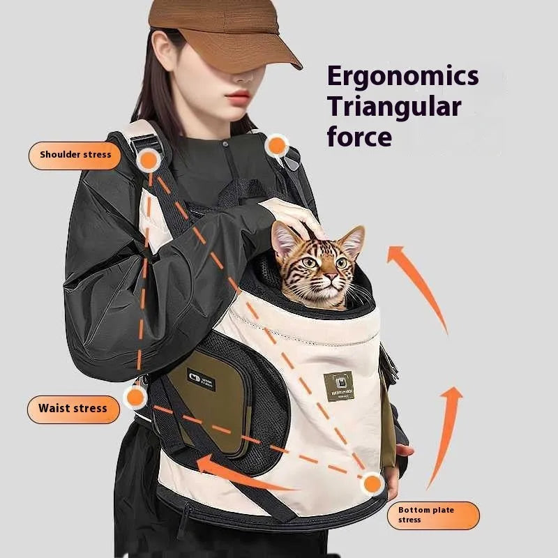 Portable PET cat backpack in brown or custard with built-in safety buckle and adjustable drawstring