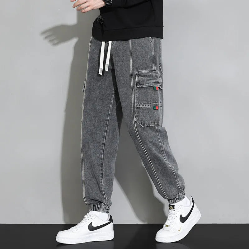 Men's retro cotton workwear jeans loose fit zip fly trousers available in gray black blue retro colour