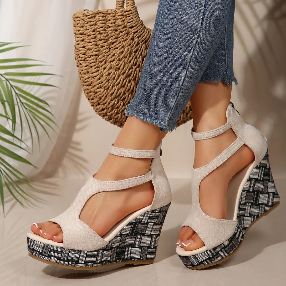 Women's beige ankle-strap sandals with a buckle, thick rubber sole featuring hemp, and a cloth upper.