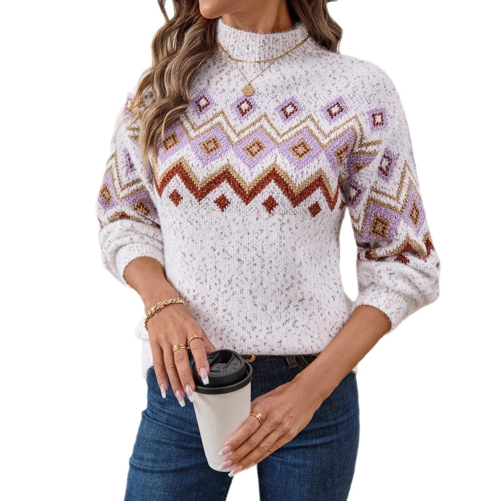 White loose-fit women's sweater with a half-turtleneck collar and geometric jacquard pattern on thick chenille fabric.
